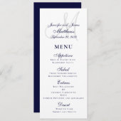 Elegant Affair Navy Blue Script Monogram Wedding Menükarte (Vorne/Hinten)
