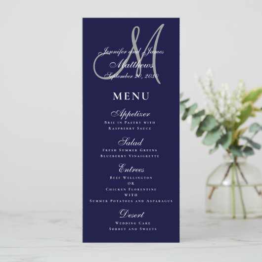 Elegant Affair Navy Blue Script Monogram Wedding Menükarte (Stehend Vorderseite)