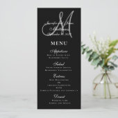 Elegant Affair Schwarz-weiß Script Monogram Weddin Menükarte (Stehend Vorderseite)