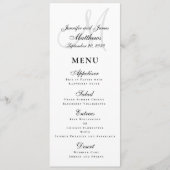 Elegant Affair Schwarz-weiß Script Monogram Weddin Menükarte (Vorderseite)