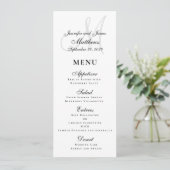 Elegant Affair Schwarz-weiß Script Monogram Weddin Menükarte (Stehend Vorderseite)