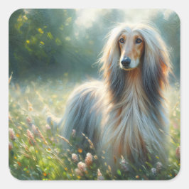 Elegant Afghan Hound – Floral Meadow Painting Quadratischer Aufkleber