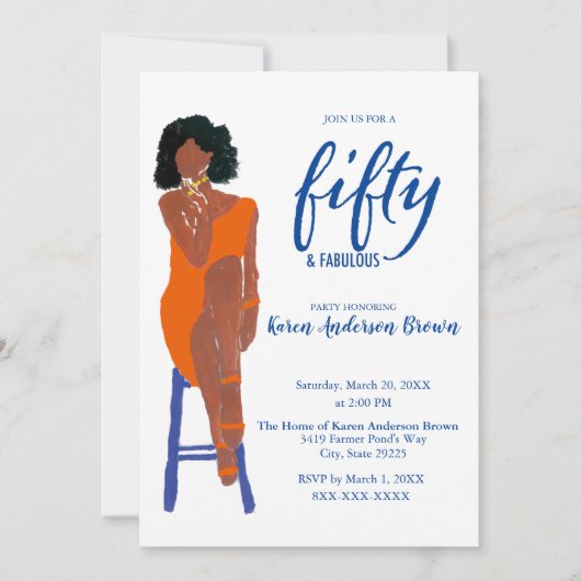 Elegant African American 50 und Fab Orange Einladung (Vorderseite)