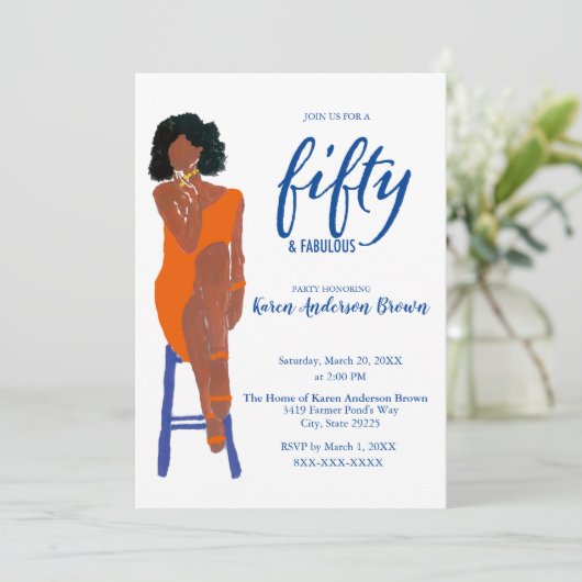 Elegant African American 50 und Fab Orange Einladung (Stehend Vorderseite)