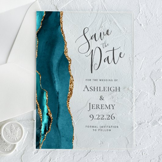 Elegant Agate Aquamarin Blue Gold Save the Date Acryleinladungen