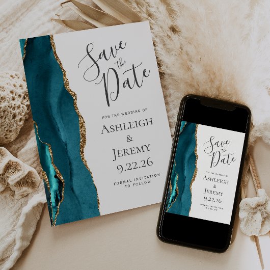 Elegant Agate Aquamarin Blue Gold Save the Date Einladung