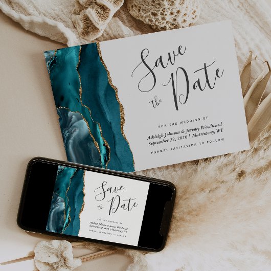 Elegant Agate Aquamarin Blue Gold Save the Date Einladung