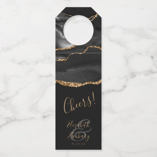 Elegant Agate Black Gold Dark Wedding Cheers Flaschenanhänger (Vorderseite)