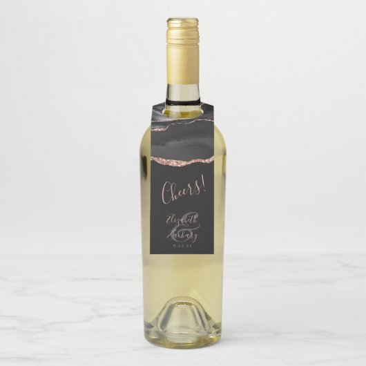 Elegant Agate Black Rose Gold Dark Wedding Cheers Flaschenanhänger (Auf Flasche)