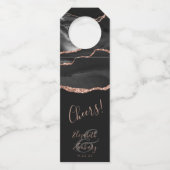 Elegant Agate Black Rose Gold Dark Wedding Cheers Flaschenanhänger (Vorderseite)