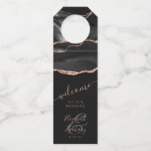 Elegant Agate Black Rose Gold Dark Wedding Willkom Flaschenanhänger (Vorderseite)