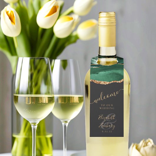 Elegant Agate Emerald Green Gold Wedding Willkomme Flaschenanhänger