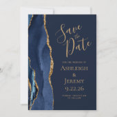 Elegant Agate Navy Blue Gold Save the Date Einladung (Vorderseite)