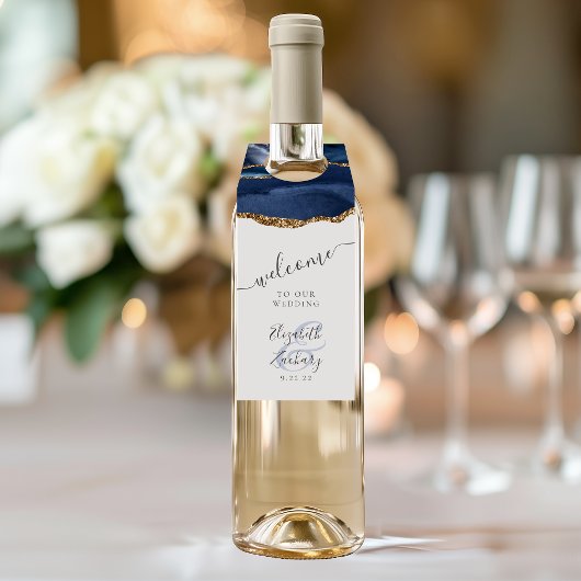 Elegant Agate Navy Blue Gold Wedding Willkommen Flaschenanhänger