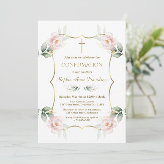 Elegant Airy Greenery Pink Floral Confirmation  Einladung (Stehend Vorderseite)