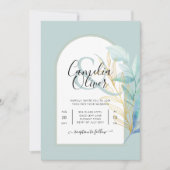 ELEGANT All-in-1 Sea Glass Gold Leaf Sage Wedding Einladung (Vorderseite)