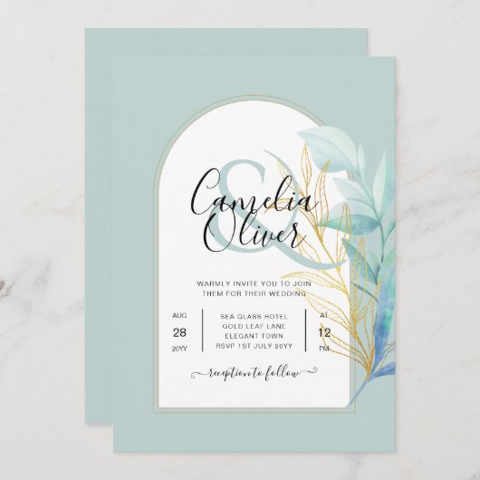 ELEGANT All-in-1 Sea Glass Gold Leaf Sage Wedding Einladung (Vorne/Hinten)