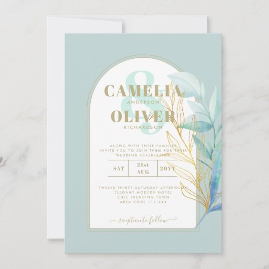 ELEGANT All-in-1 Sea Glass Gold Leaf Sage Wedding Einladung (Vorderseite)