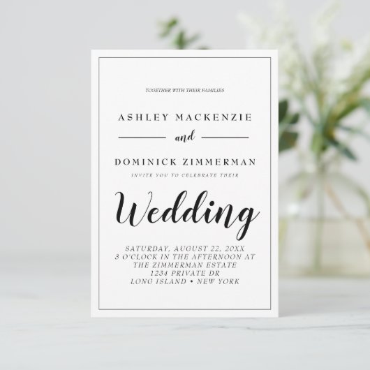 Elegant All in One Black Script Wedding Einladung (Stehend Vorderseite)