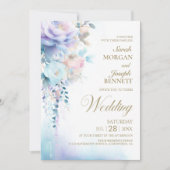 Elegant All in One Blue Floral Wedding Einladung (Vorderseite)