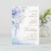 Elegant All in One Blue Floral Wedding Einladung (Stehend Vorderseite)