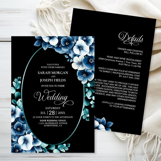 Elegant All in One Blue Floral Wedding Einladung
