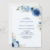 Elegant All in One Blue Floral Wedding Einladung (Vorderseite)