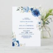 Elegant All in One Blue Floral Wedding Einladung (Stehend Vorderseite)