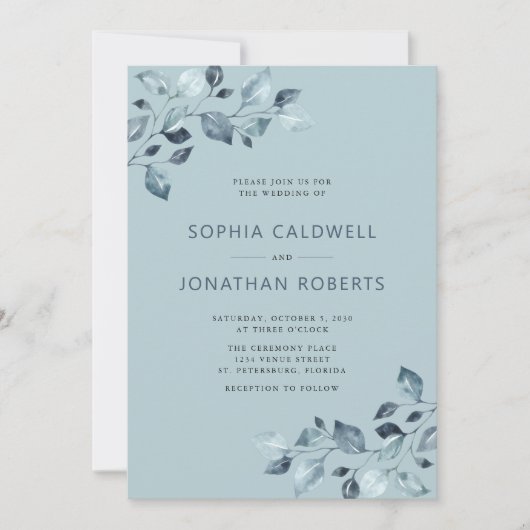 Elegant All in One Dusty Blue Eucalyptus Wedding Einladung (Vorderseite)