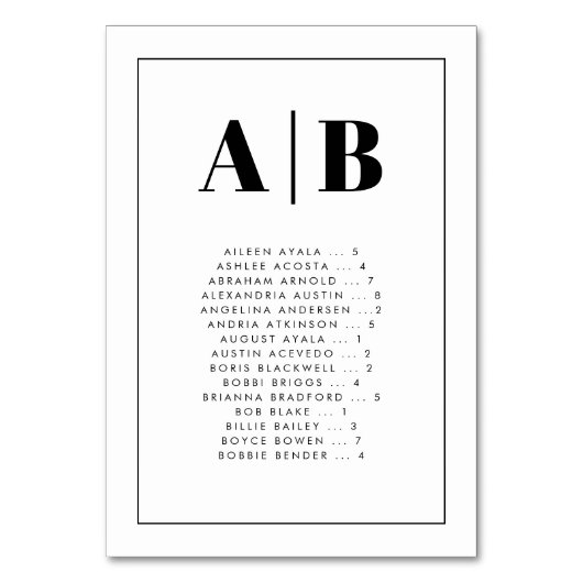 Elegant Alphabetical Seating Chart Cards Tischnummer (Vorderseite)