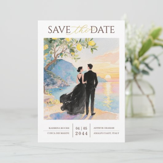 Elegant Amalfi Coast Lemon Tree Wedding Couple Save The Date (Stehend Vorderseite)