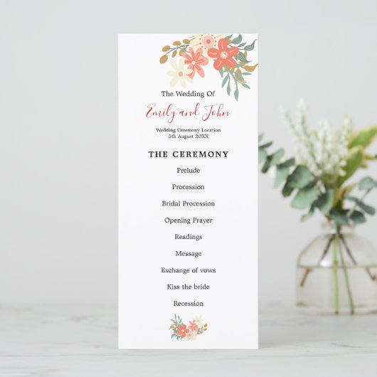 Elegant Ambrose Coral Florals Wedding Programm (Stehend Vorderseite)