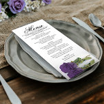 Elegant Amethyst Lila Rose Reflections Wedding Menükarte<br><div class="desc">Dieses schöne Menü wird Ihrem Hochzeitsempfang etwas mehr Stil verleihen. Es zeichnet sich durch ein wunderschönes und romantisches Design aus, mit einer amethystischen, lila Rose, die auf der Seite liegt und in einem Wasserbecken mit Wellen und Wellen reflektiert wird. Es gibt Platz für die Namen des Paares und das Hochzeitstag,...</div>