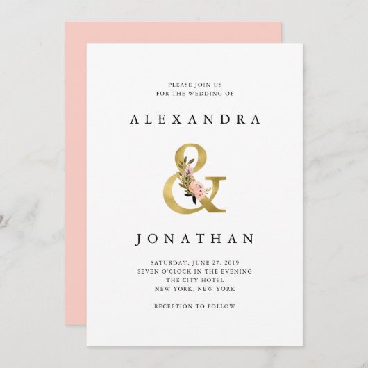 Elegant Ampersand | Hochzeit mit Gold und Blush Einladung (Vorne/Hinten)