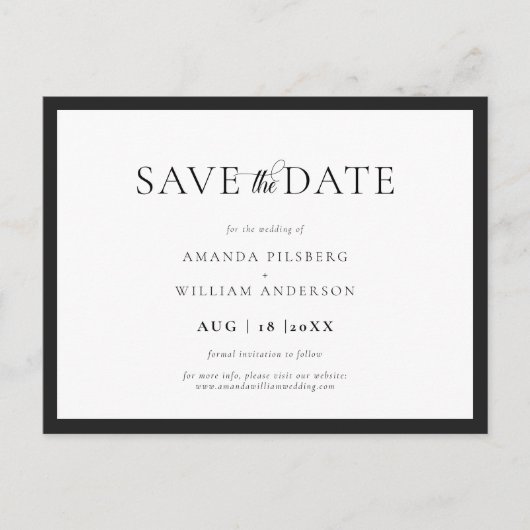 Elegant and Classic Black & White Save the Date Postkarte (Vorderseite)