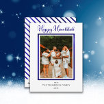 Elegant and Classy Faux Foil Photo Happy Hanukkah Feiertagskarte<br><div class="desc">Elegant and classy styled white and faux blue foil photo "Happy Hanukkah" design featuring a faux blue frame on front for your photo and the greeting, "Happy Hanukkah" also in faux blue foil with faux blue foil and white diagonal stripes on back. Composite design by Holiday Hearts Designs (rights reserved)...</div>