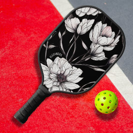 Elegant Anemone Floral Custom Name Black Pickleball Schläger