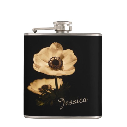 Elegant Anemone Flower Black Personalised Flachmann (Vorderseite)