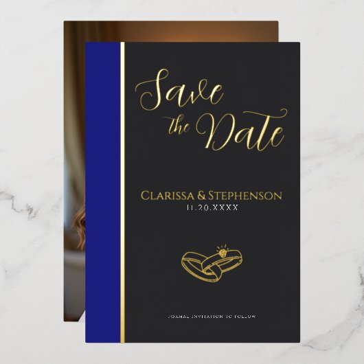Elegant Anthracite Deep Blue  Photo Save The Date Folieneinladung (Vorderseite/Rückseite)