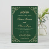 Elegant Antique Green Gold Script Muslim Wedding Einladung (Stehend Vorderseite)