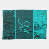 Elegant Aqua Aquamarine fette Script Monogram Geschirrtuch (Horizontal)