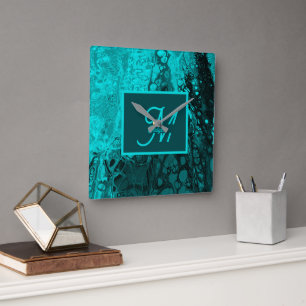 Elegant Aqua Aquamarine fette Script Monogram Quadratische Wanduhr