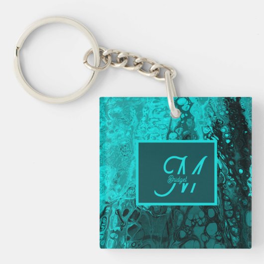 Elegant Aqua Aquamarine fette Script Monogram Schlüsselanhänger (Vorderseite)