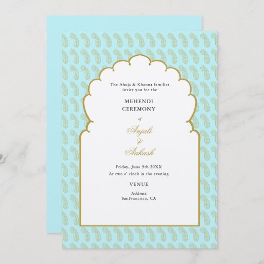 Elegant Aqua Arch Mehendi Zeremonie Indische Hochz Einladung (Vorne/Hinten)