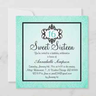 Elegant Aqua & Black Chic Damask Sweet 16 Einladun Einladung
