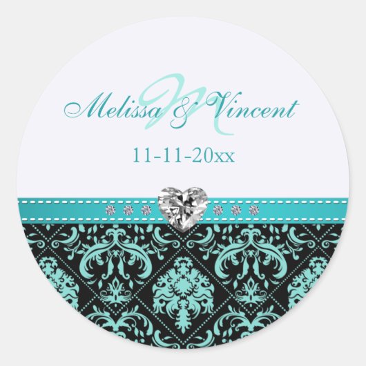 Elegant Aqua Blue / Black Damask "Bride & Groom" Runder Aufkleber (Vorderseite)
