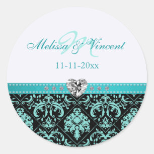 Elegant Aqua Blue / Black Damask "Bride & Groom" Runder Aufkleber