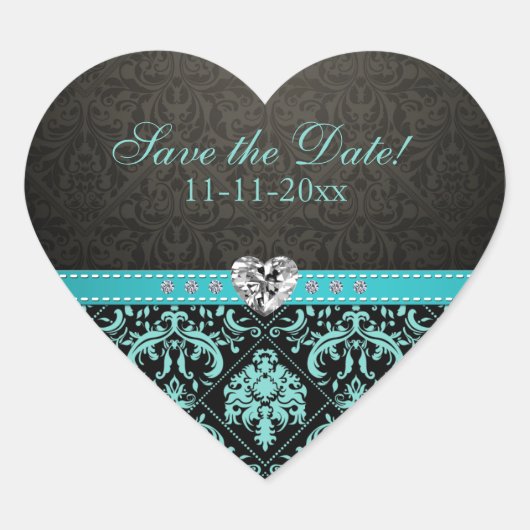 Elegant Aqua Blue / Black Damask "Save the Date" Herz-Aufkleber (Vorderseite)