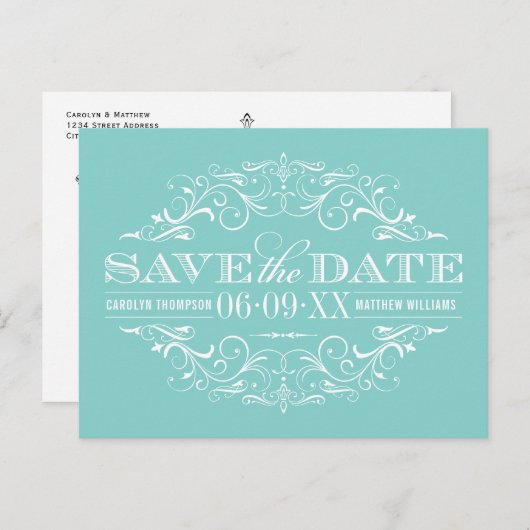 Elegant Aqua Blue Blüh Wedding Save the Date Ankündigungspostkarte (Vorne/Hinten)