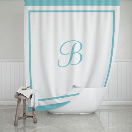 Elegant Aqua Blue Border Script Monogram Letter Duschvorhang